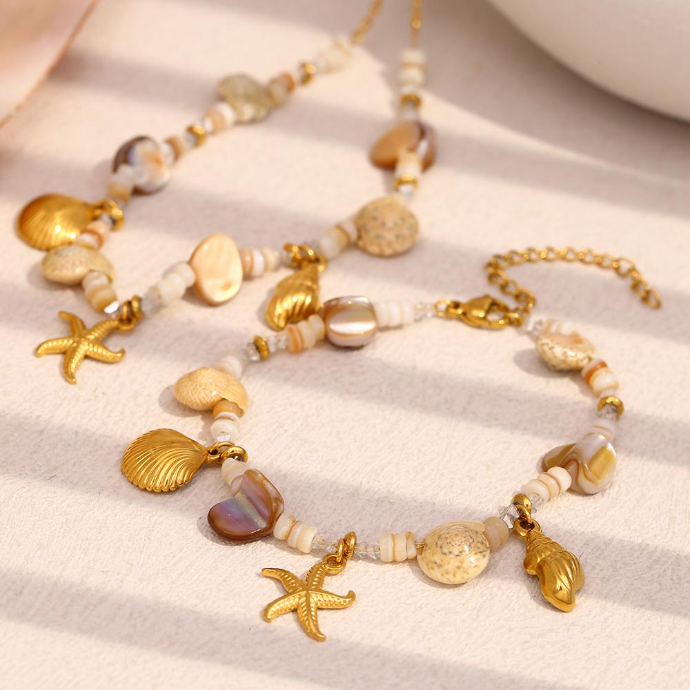 MamacitaSlay New Design 18K Gold-plated Stainless Steel Natural Stone Starfish Shell Bracelet Necklace Waterproof Jewelry Set
