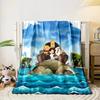 Characters stand on a rocky island surrounded by seals and ocean waves. for all seasons blanket lunch break throw gift