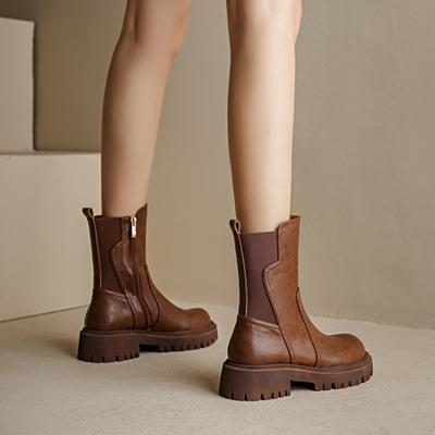 Mode Damen Halbstiefel Braun Runde Zehe Damen Mid-Calf Schuhe Chelsea Flach Bequem und Elegant Winter 2024 Neuheit Cosplay