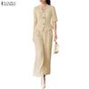 ZANZEA Women Short Sleeve Blouse and Cropped Pants Classic Two Piece Suit Sets