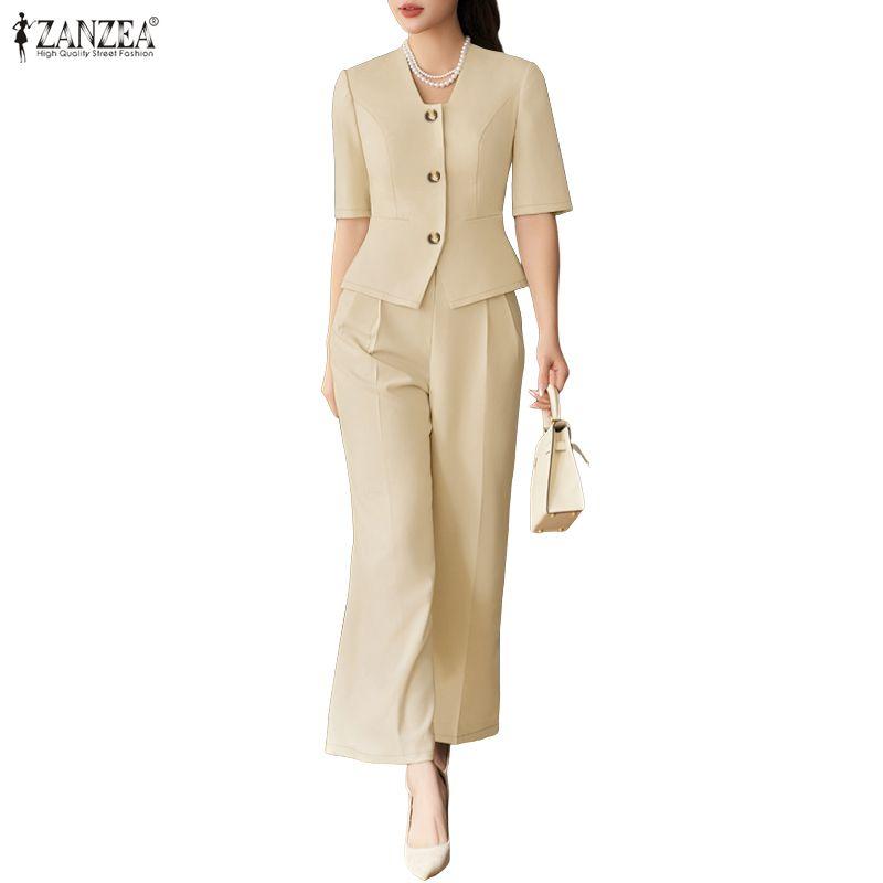 ZANZEA Women Short Sleeve Blouse and Cropped Pants Classic Two Piece Suit Sets