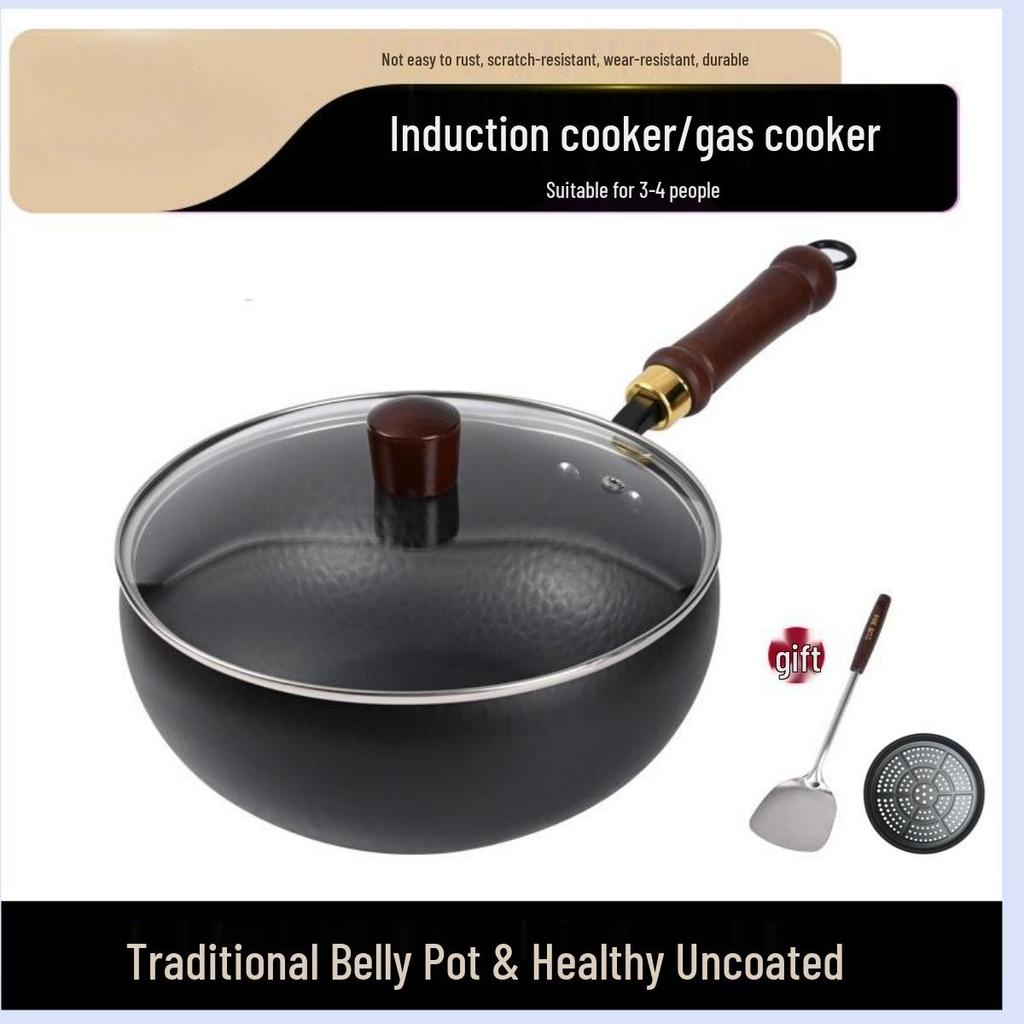 Zhangqiu Handgefertigter Antihaft-Eisen-Wok: 24CM Wok mit großem Bauch zum Pfannenrühren, für Gerichte, zum Schmoren & für Suppe.