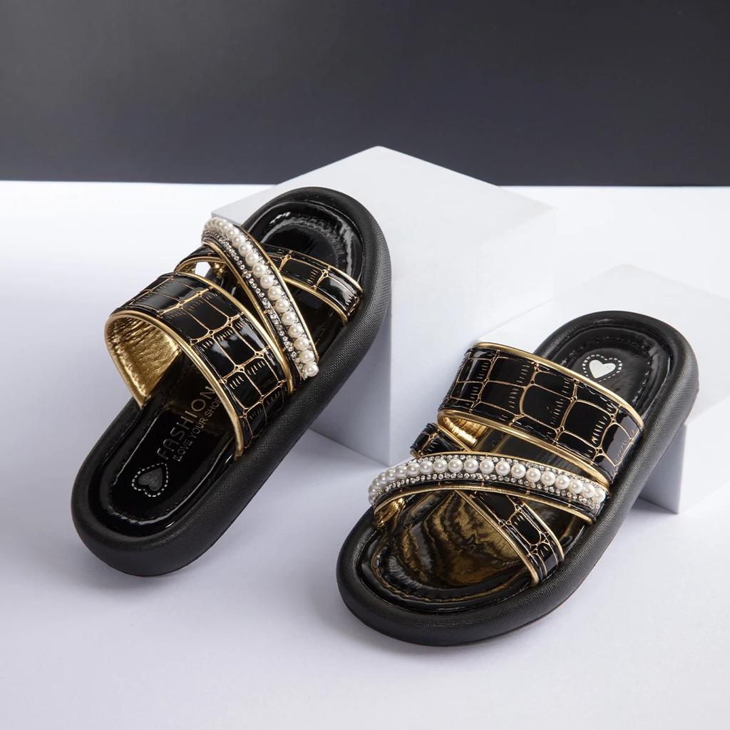 Girls Summer Chic Slippers for Kids Fashion Versatile Sandals with Sweet Pearl 2024 New Girls Beach Shoes for Vacation Soft Sole