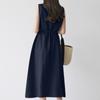 Boho Solid Long Dress for Women Crew Neck Sleeveless Tie Waist Dress Summer Casual Loose Work Vacation Dress Cotton Breathable Lightweight Soft Dress