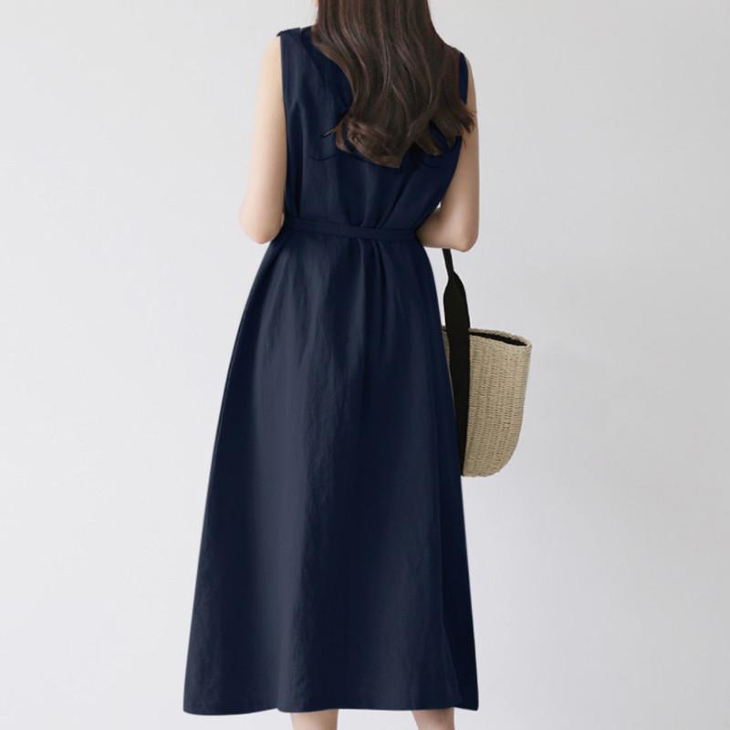 Boho Solid Long Dress for Women Crew Neck Sleeveless Tie Waist Dress Summer Casual Loose Work Vacation Dress Cotton Breathable Lightweight Soft Dress