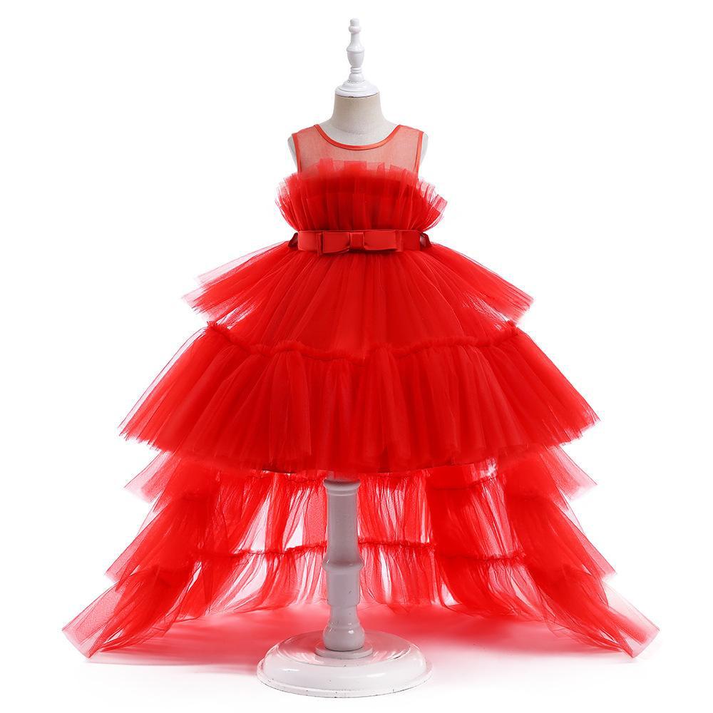 Girls' Princess Layered Puffy Train Gown for Piano Performances & Runway
