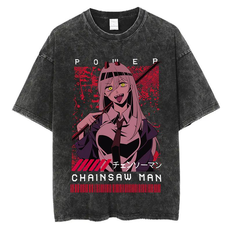 Anime Chainsaw Man Power Funny Print T Shirt Men Women Y2k T-shirts Washed Cotton Tee Harajuku Unisex Comfortable Tshirt