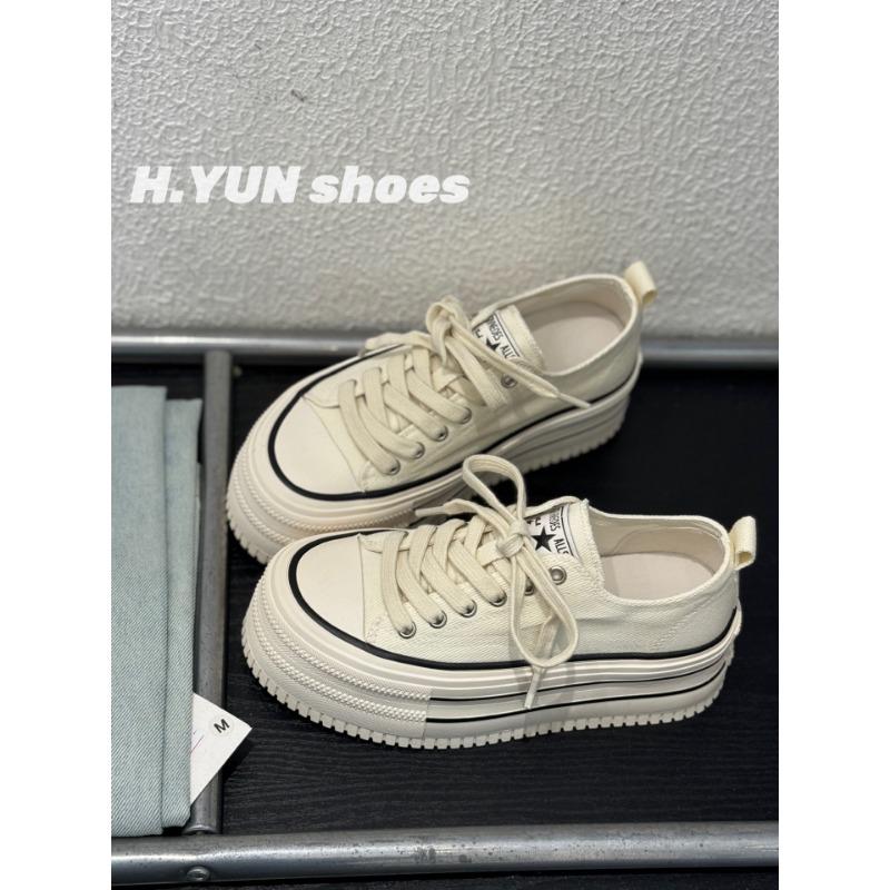Thick-soled Heightening Canvas Shoes Women's Spring New Muffin Bottom Breathable Low-top Casual Shoes Versatile Board Shoes