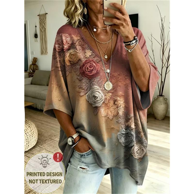 Plus-Size Women's V-Neck Batwing Sleeve T-Shirt Bohemian Ethnic Print Loose Top Summer Comfortable Breathable Daily Commute Casual Slimming Style
