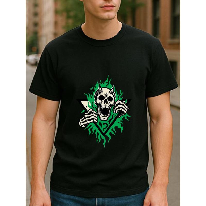 

European sizes Men S Green Flame Skull Horn T-ShirtGothic Metal, Print Breathable, Medium Stretch, Casual Style 4XL чорний