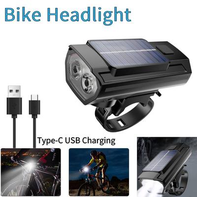 Solar LED Bicycle Light USB Charging MTB Road Bike Front Lamp Waterproof Bike Handlebar Flashlight with Horn Bicycle Accessories
