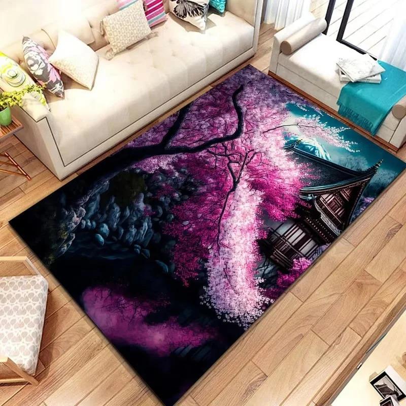 

Japanese Landscape Print Rug with Cherry Blossom & Fuji Mountain for Bedroom and Sofa Entryway Decor 40x60cm