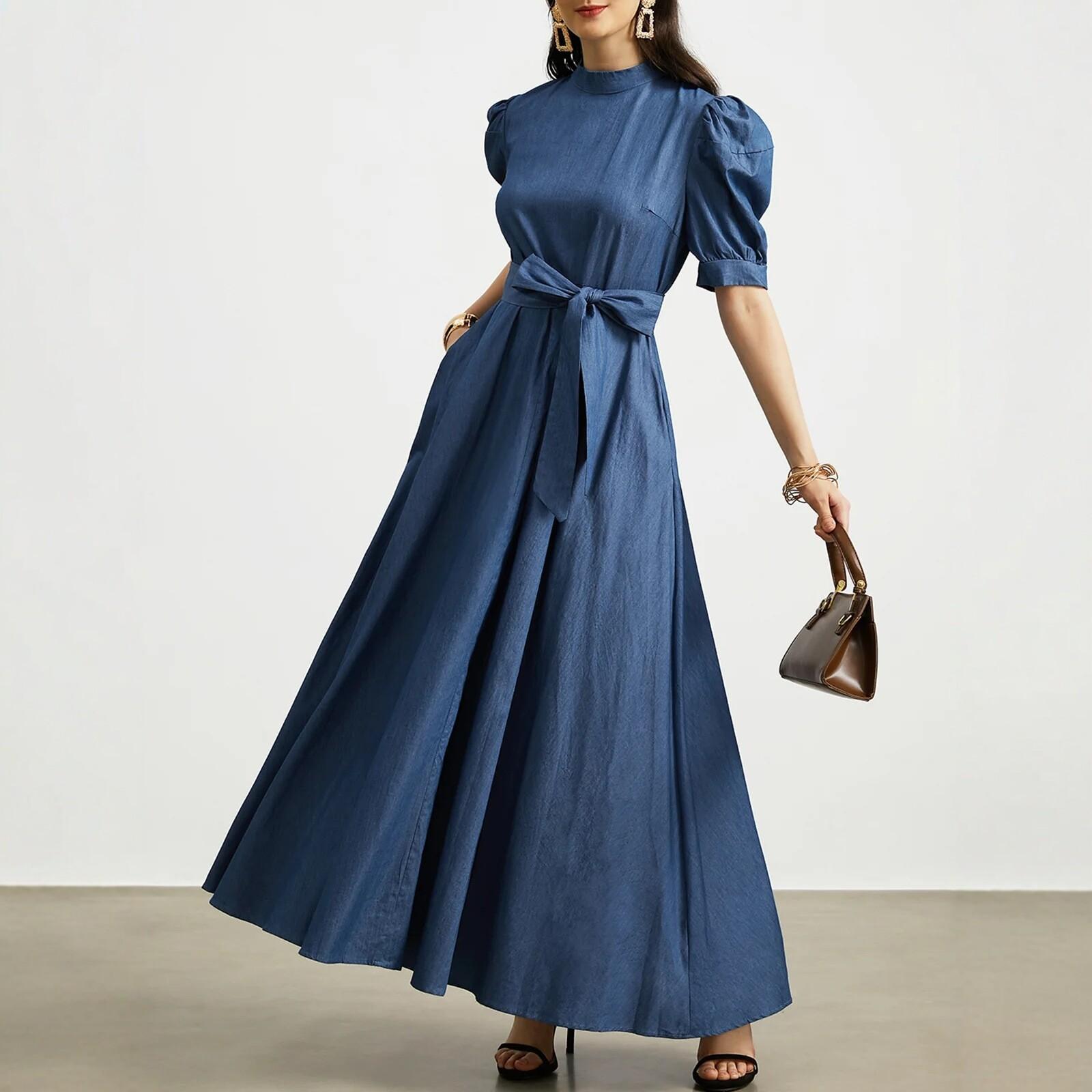 2026 summer European retro blue bubble sleeve long dress waist thin temperament dress women S