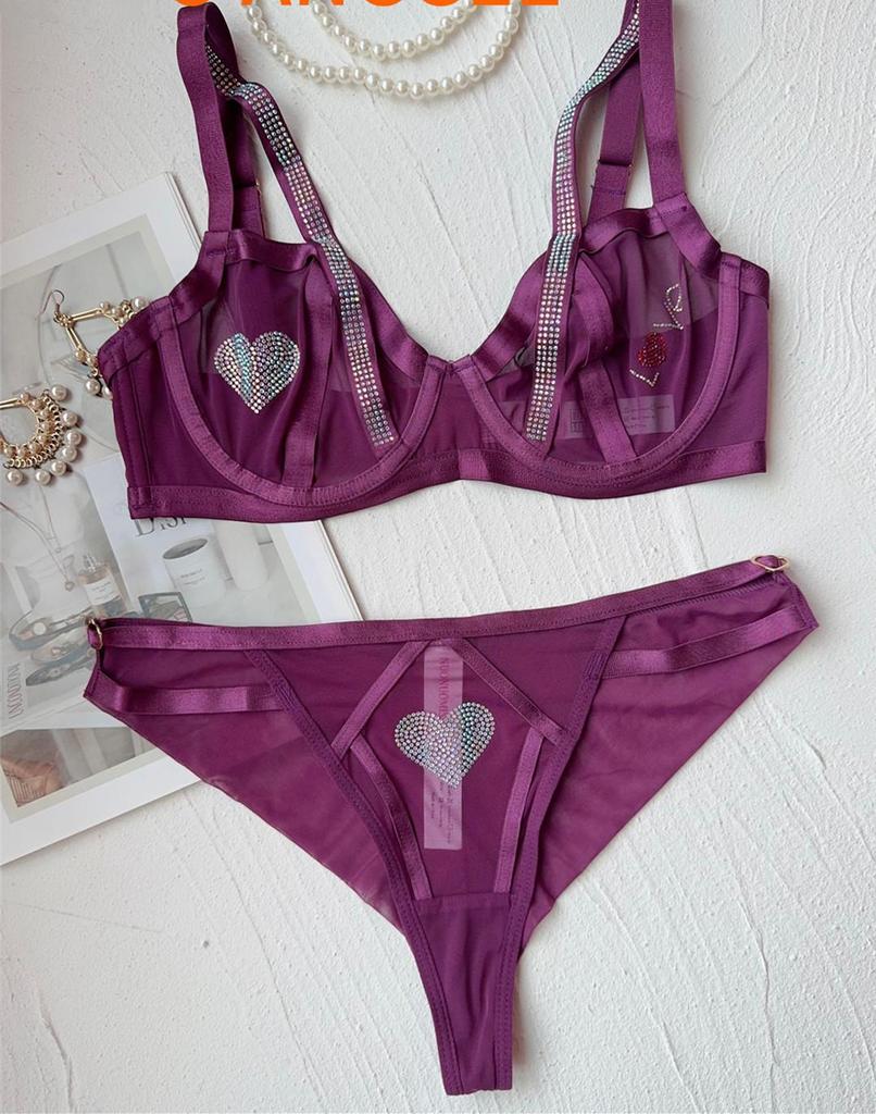 B6011 Summer Ultra-Thin Lace Red Push-Up Bra with Underwire & Rhinestone Detail