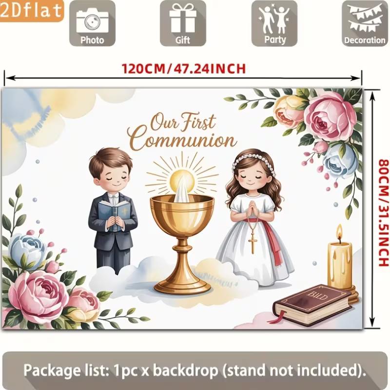 2D First Communion Backdrop, Boy and Girl Chalice & Bible Photo Booth Background Banner