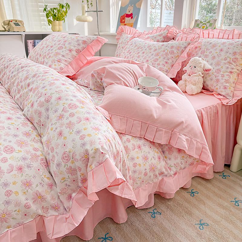 Fairy-Style Cotton Ruffled Bed Skirt & Pastoral Duvet Cover Set