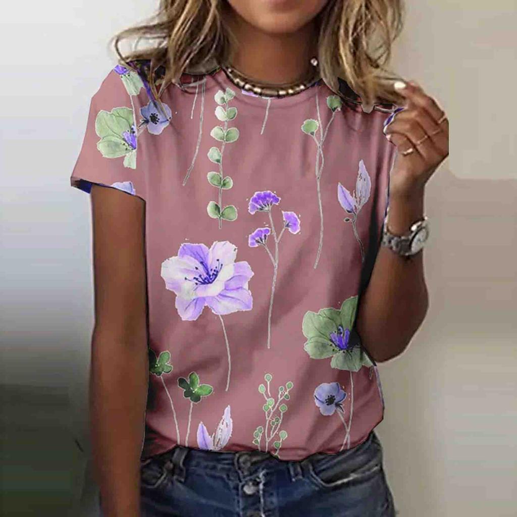 Women's Fashion Casual Short Sleeve Flower Print Round Neck Pullover Top Blouse