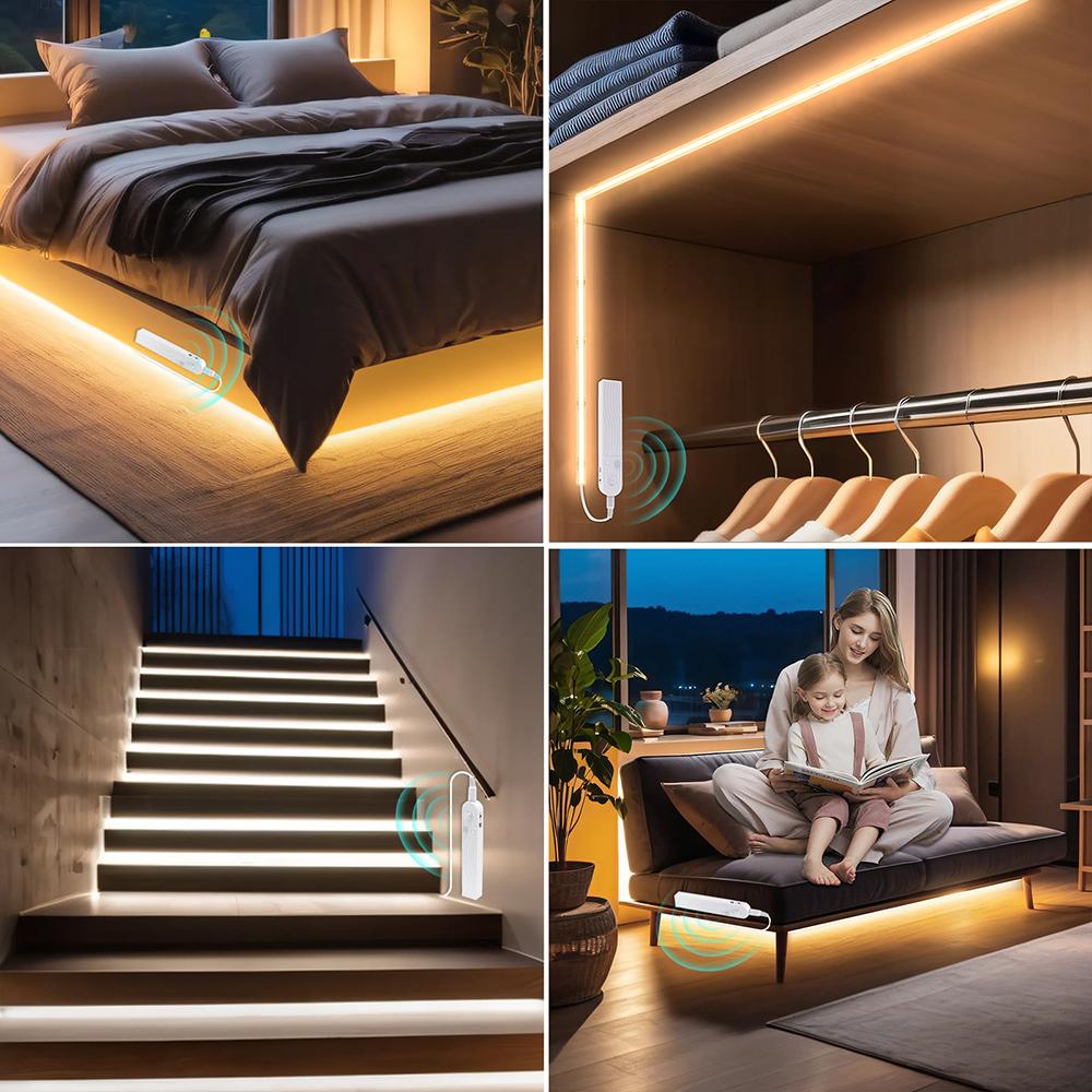 5V COB LED Light Strip Motion Sensor 320LEDs/m 3AAA Battery USB Powered 3MM 5MM 8MM For Cabinet Wardrobe Kitchen Stair Lighting