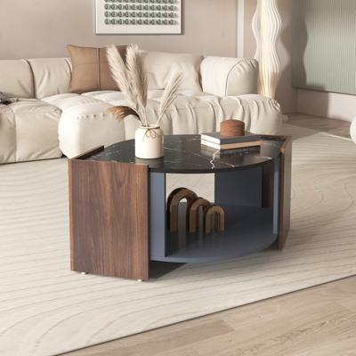 Double Layer Coffee Table, Structured Coffee Table Made of Marble Walnut In Contrasting Colors, Living Room Table with Unique