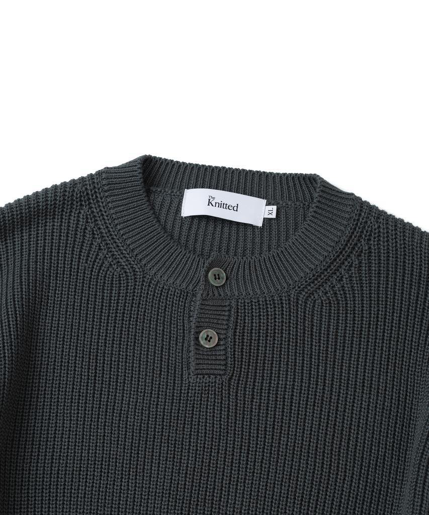KNITTED Cotton Henley Neck Waffle Knit Charcoal