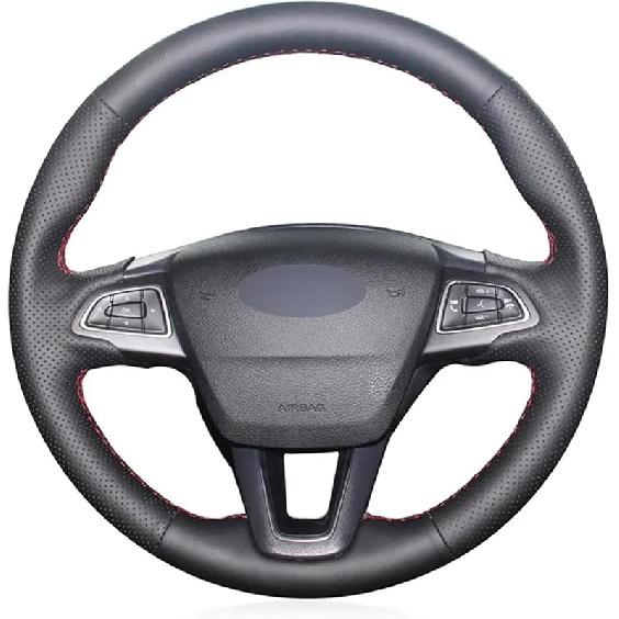 Подходит для Ford Escape 2017-2019, Чехол на руль со швом, Черная кожаная оплетка на руль, Нескользящий чехол на руль автомобиля Black Thread
