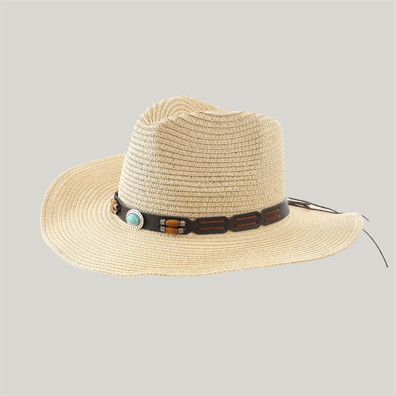 Unisex Bohemian Style Western Cowboy Straw Hat, Face-Slimming, Retro Panama Design with Sun Protection.