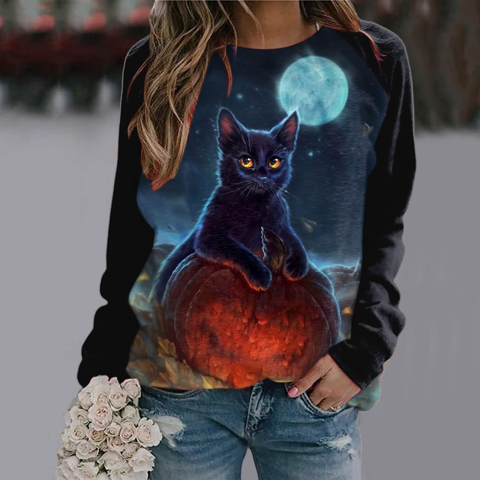 

Round Neck Long Sleeved Color Blocked Women s Clothing 3D Printing Halloween Pumpkin Castle Dark Pattern Women Pullover 6XL