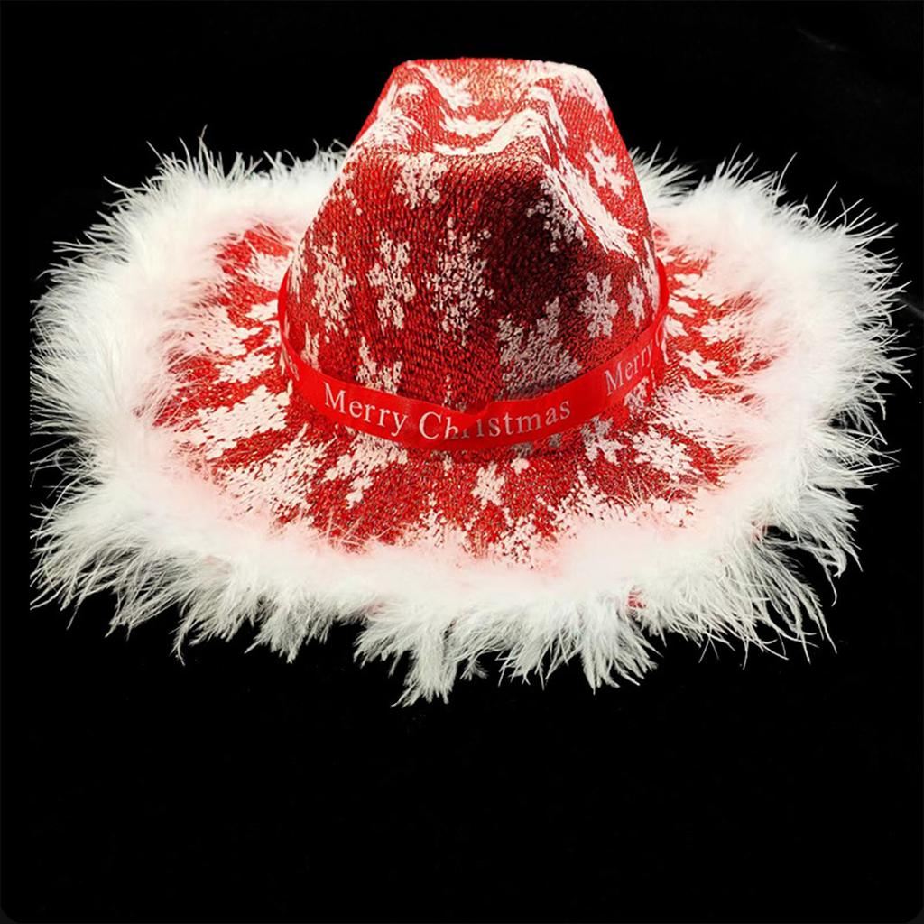 Mens Western Cowboy Hat Christmas Cowgirl Hat Feather Trim One Size Fit for Most Men and Women Caps Circumference 23in