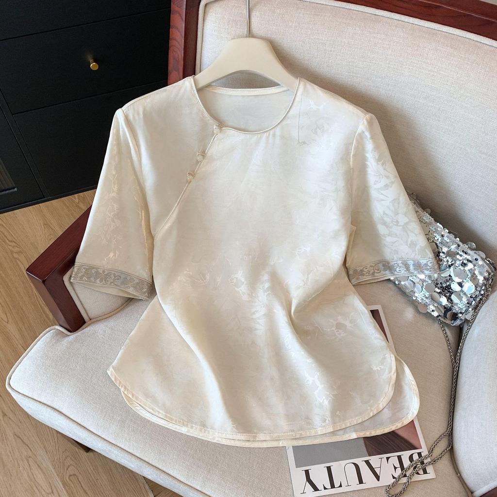 Chinese button retro printing round neck short sleeve 2025 summer new shirt temperament shirt top