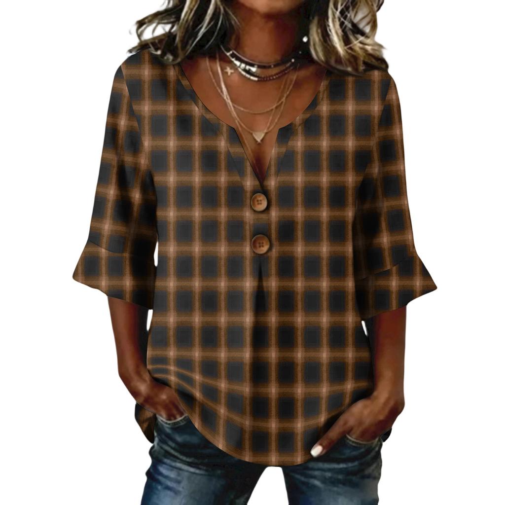 Ladies' plaid printed button casual V-neck fashionable seven quarter sleeve top