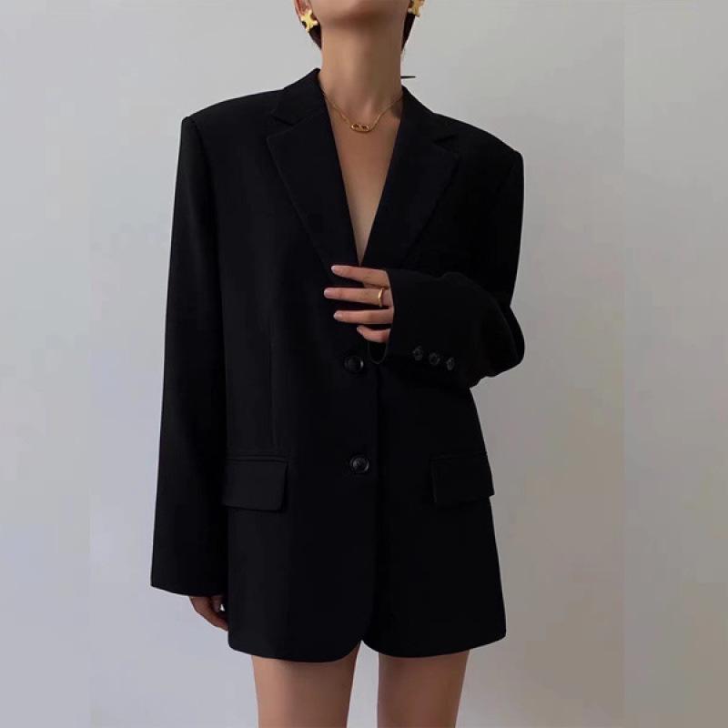Women's 2024 Autumn Black Retro Loose Slimming Suit Jacket - Korean Style