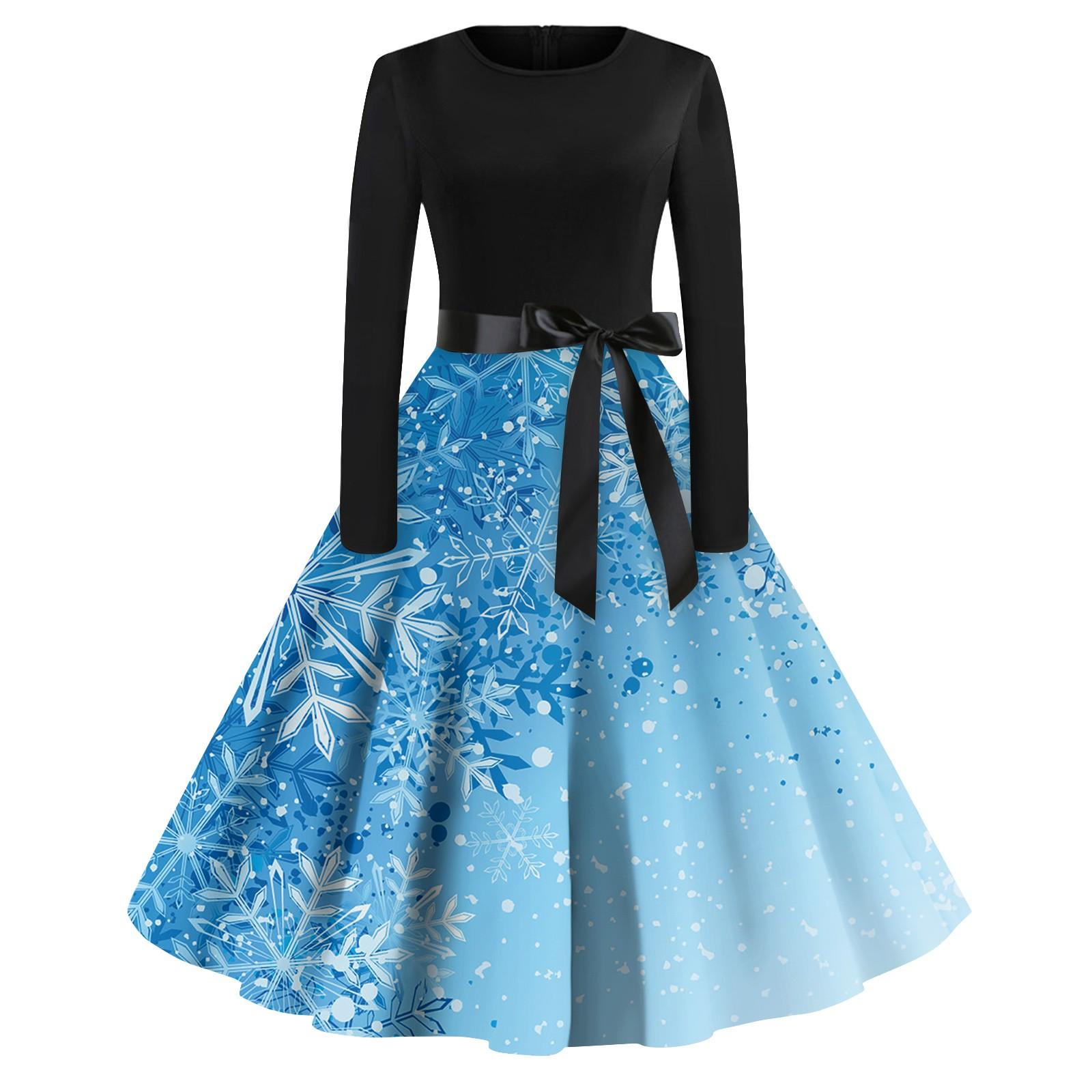 

Женская мода винтаж с длинным рукавом и круглым вырезом с рождественским принтом вечерние платья платья XL небесно-голубой