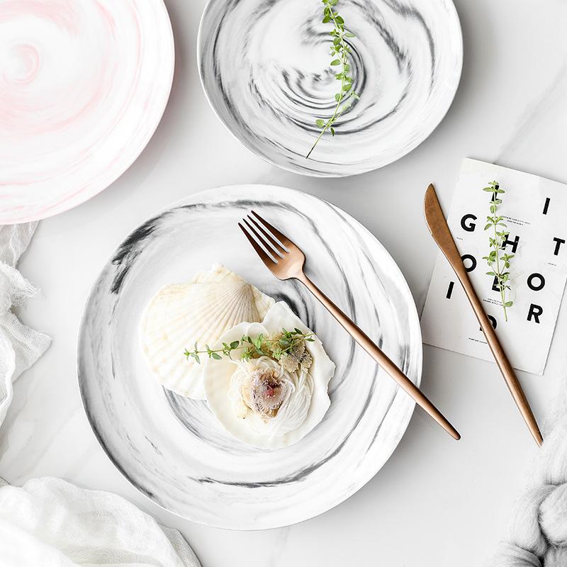 Servírovací talíř v moderním mramorovém designu Keramický talíř Porcelánové nádobí Dezertní nádobí Těstoviny Talíř na steaky Vhodné do mikrovlnné trouby