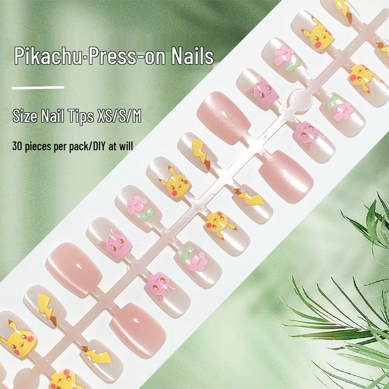 

Childlike Pikachu Cat Eye Wearable Nails - 30 Removable Cute False Nail Pieces for Students