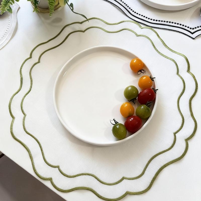 Round Embroidered Scalloped Edges Placemat Washable Decorative Flower Table Mat For Banquet Baby Showers Dining Setting