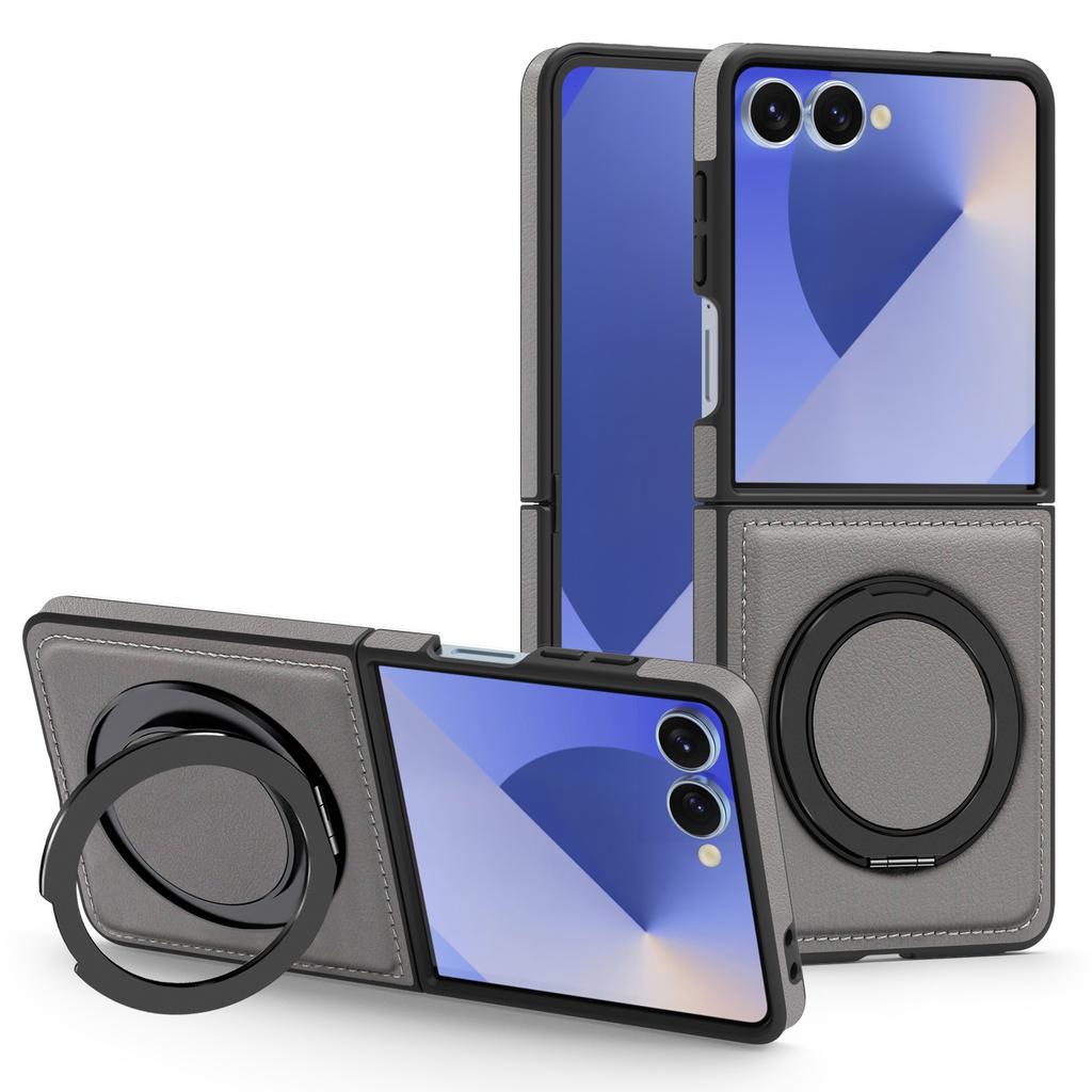 For Samsung Galaxy Z Flip7 5G Case with Ring Kickstand Compatible with MagSafe PU Leather Back Cover
