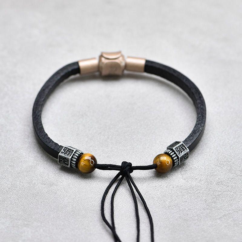 

Ремешок для переноски из чистой коровьей кожи, полуфабрикат, браслет, сделай сам, мужской и женский, в одном стиле, ремесла, тибетские бусины, пряжка мира, бусины для переноса, аксессуары, ретро 12cm Flat black rope + Tibetan + Tiger Eye