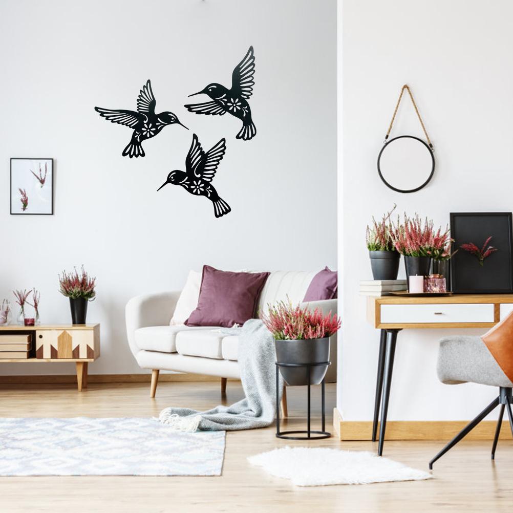 3 Pieces Metal Hummingbird Wall Art Decoration Hollow Out Iron Bird Sculpture Waterproof Wall Hanging Figurines for