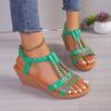 Wedge Heel Fish Mouth Sandals Women's 2024 Summer New Bohemian Fashion Rhinestone Large Size Elastic Foot Sandals Women