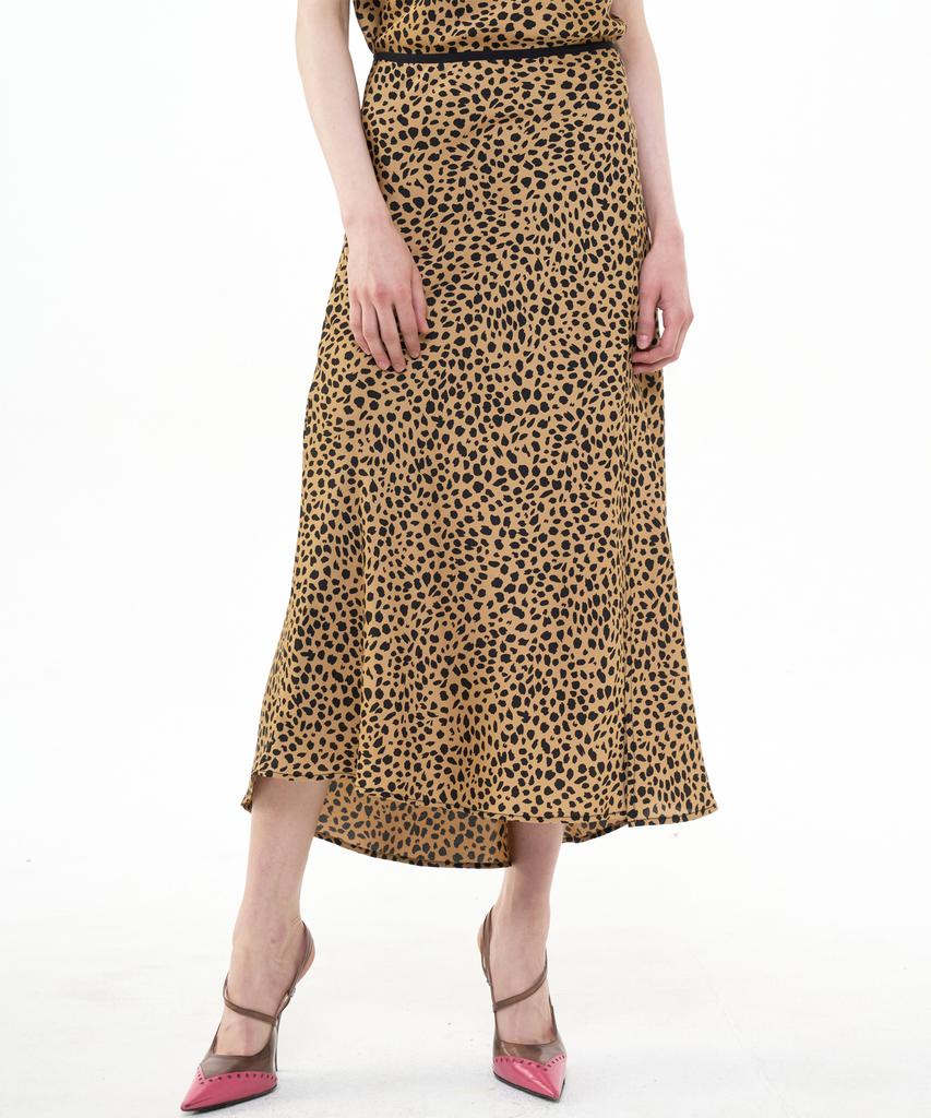 Bikwaieos Flared Satin Slit Skirt Leopard_Brown Black