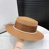 Elegant French-Style Women's Sun Hat | Natural Straw Woven with Pearl Accents | Flat Top Design for UV Protection Beach Hat