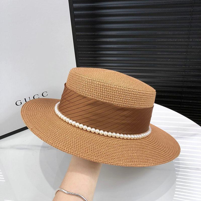 Elegant French-Style Women's Sun Hat | Natural Straw Woven with Pearl Accents | Flat Top Design for UV Protection Beach Hat