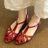 Sandalias romanas marrones para mujer, nuevas de verano, transpirables, cabeza de bolsa, tejidas, huecas, retro francés, zapatos de vestir de una sola pieza