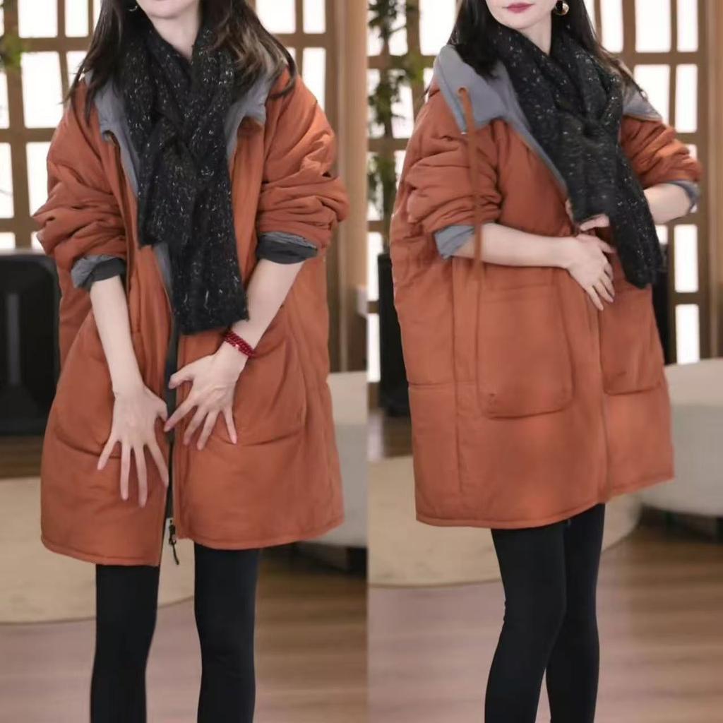 Modische Warme Doppelseitig Tragbare Baumwolljacke Damen Neue Herbst Winter Stilvolle Lockere Mit Kapuze Gefütterte Jacke