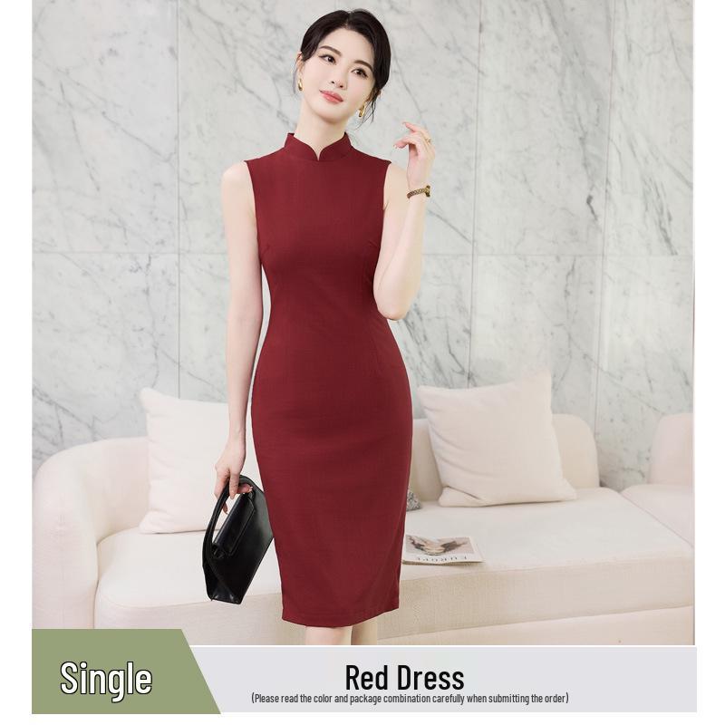 Summer Sleeveless Waist-Cinched V-Neck Slim-Fit Work Dress S