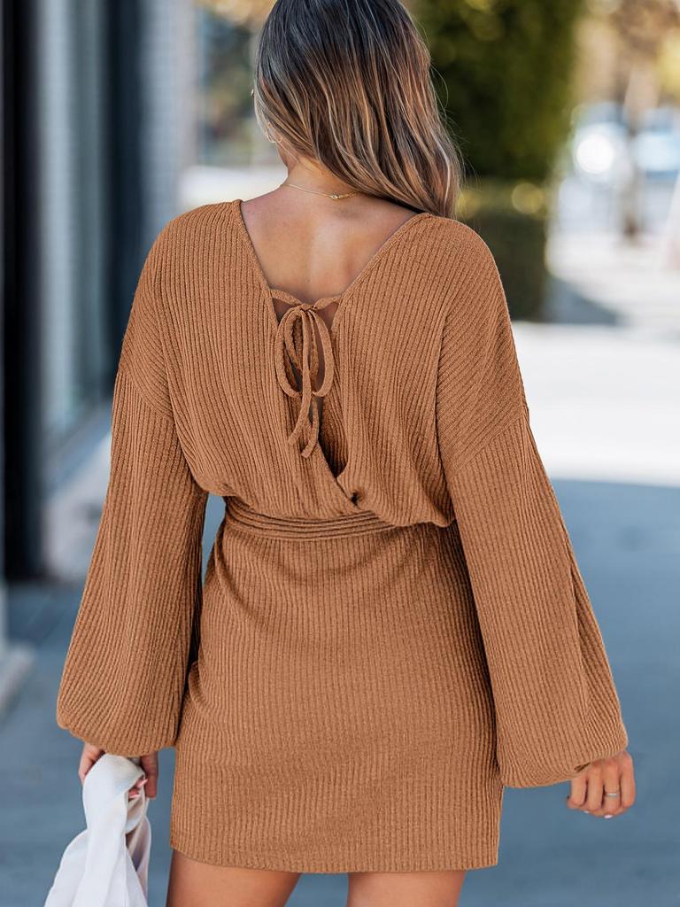 2026 Spring/Autumn Women's Long Sleeve Ribbed Knit Dress with Belt - European & American Style