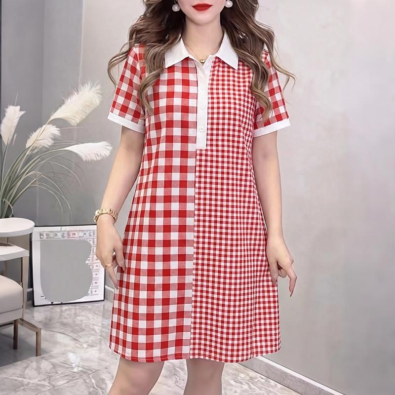 

ZANZEA Women Casual Turn Down Collar Short Sleeve Grid Print Shirt Dress 5XL червоний