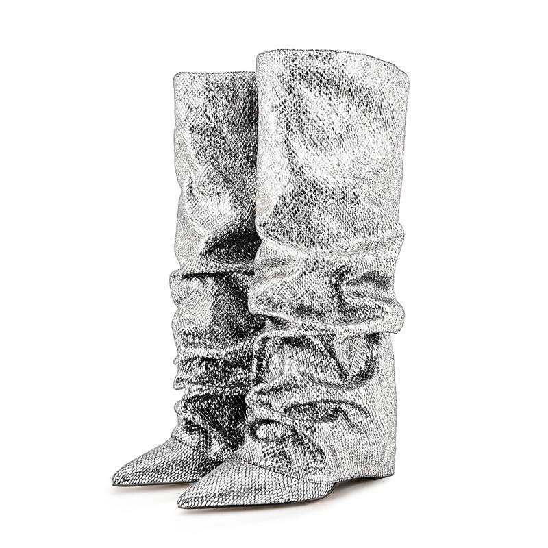 Krokodilmuster Damen High Boots Spitzschuh Leopardenmuster Keilschuhe Retro Schlupf-Muster Ärmel Kniehoch Plissee Stiefel