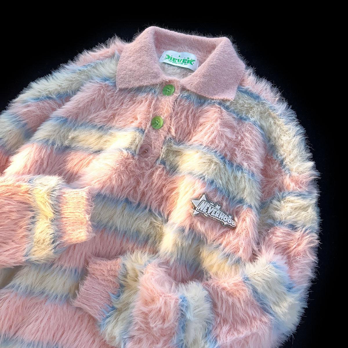 

Мужской свободный свитер-поло в полоску в стиле ретро из норки - ленивый стиль, вязаная куртка из шерсти морского конька для зимы XXL розовый