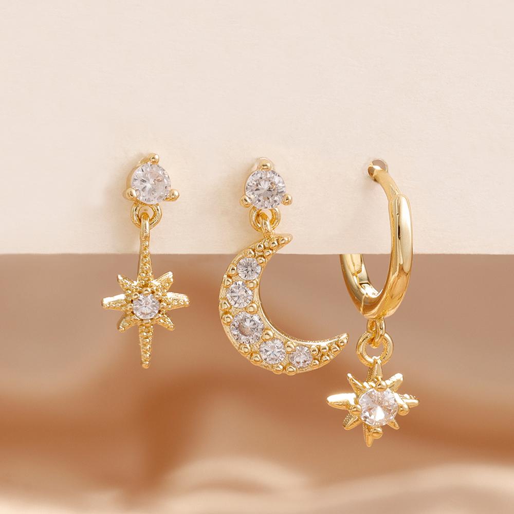 3PCS New Design Stainless Steel CZ Zircon Star Moon Stud Earring Set For Women Punk Unisex Rock Earring Statement Jewelry aretes